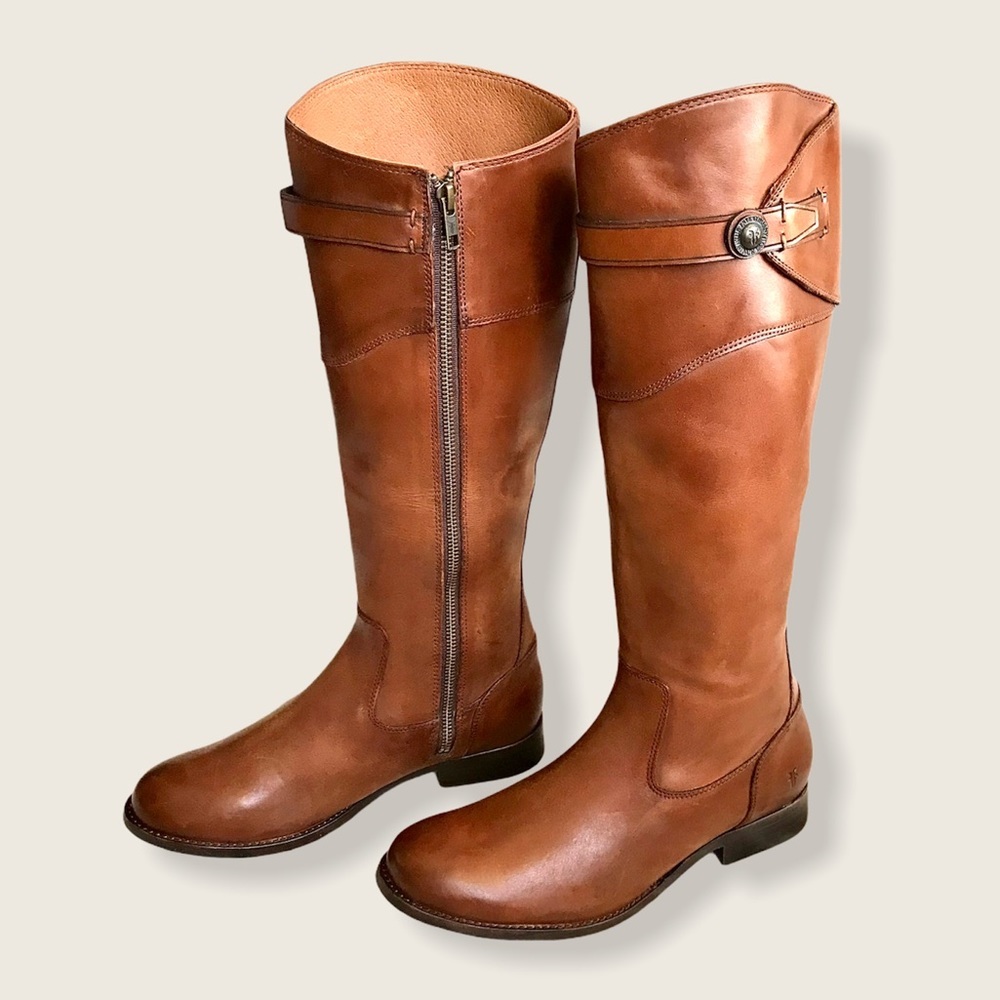 $399 Frye Molly Button Cognac Brown Leather Knee High Tall Zip Up Riding Boot - Picture 13 of 16